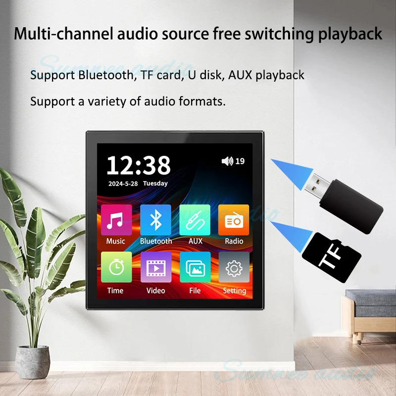 Min Wall Amplifier Bluetooth Smart Home Audio Touch Screen 4*20W Stereo Sound Music Panel background music Ceiling Speaker FM - Image 2